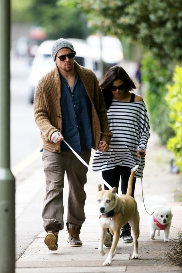 Channing Tatum and then pregnant wife Jenna Dewan-Tatum take their dogs for a walk in May 2013.