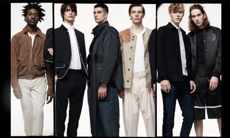 FROM LEFT: Suede jacket and slim-leg chino trousers, both by Dunhill; Crew-neck T-shirt, by Sunspel. Stand-collar raw-edge blazer, harness short-sleeved cotton-blend shirt and raw-edge tailored trousers, all by Alexander McQueen. Wide-strap quilted jacket and wide-leg quilted trousers, both by Craig Green. Suede-patch hunting jacket and pleat-front wide-leg trousers, both by J.W. Anderson. Patch-pocket cashmere jacket, lace cotton-poplin shirt and lace-trim tuxedo trousers, all by Burberry Prorsum. Logo-patch bomber jacket and knee-length shorts, both by Astrid Andersen.