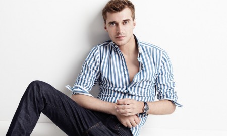 Clément Chabernaud wears slim secret wash shirt in Brunswick Stripe, 770 Selvedge Jeans in Fairfax Wash, Ludlow Penny Loafers and Timex for J.Crew Andros Watch, all from J.Crew.
