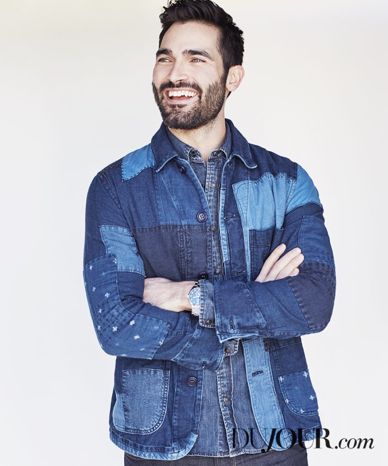 Photographed for DuJour, Tyler Hoechlin is all smiles in a Blue Blue Japan denim jacket.