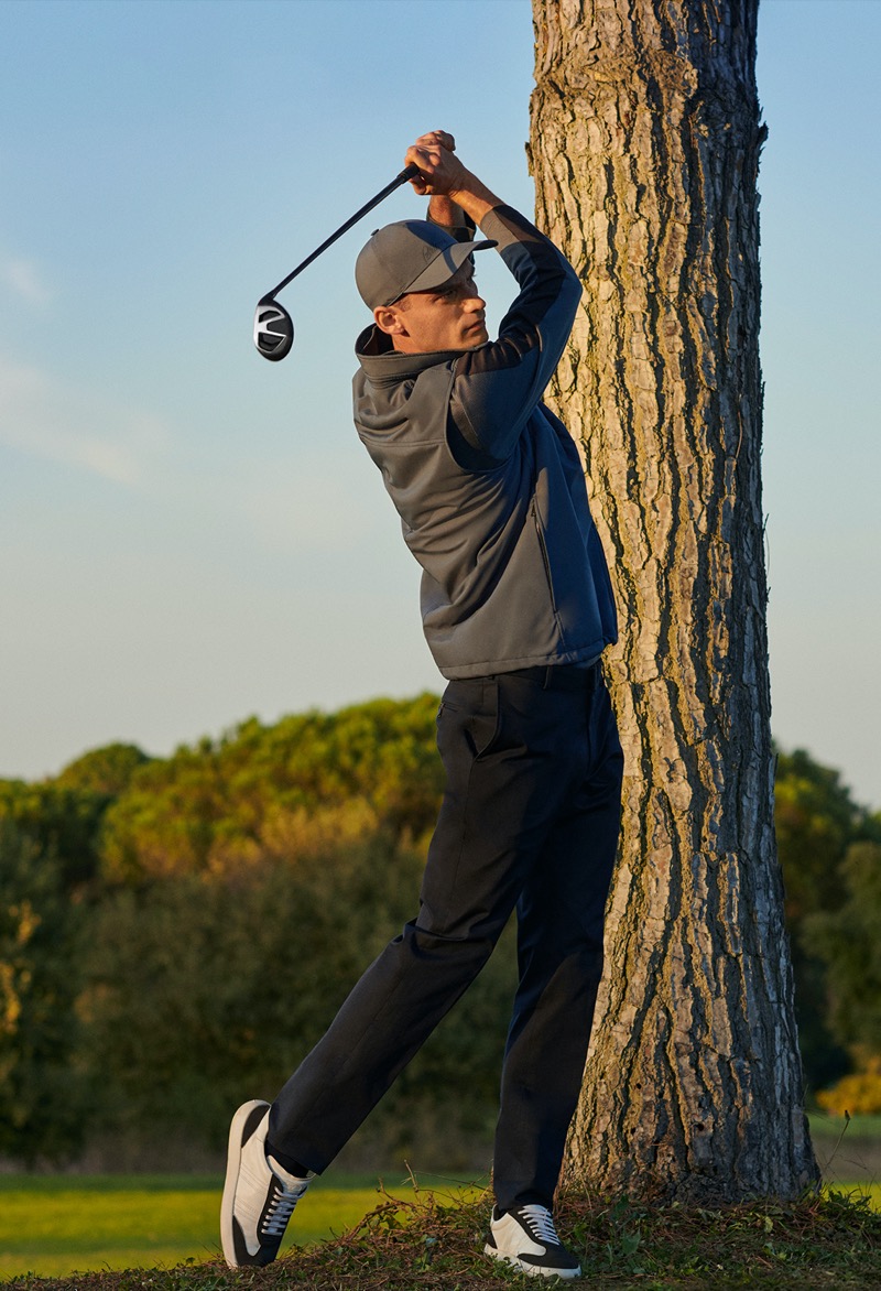 Harrison Griffiths wears a look from Brioni’s golf capsule collection.