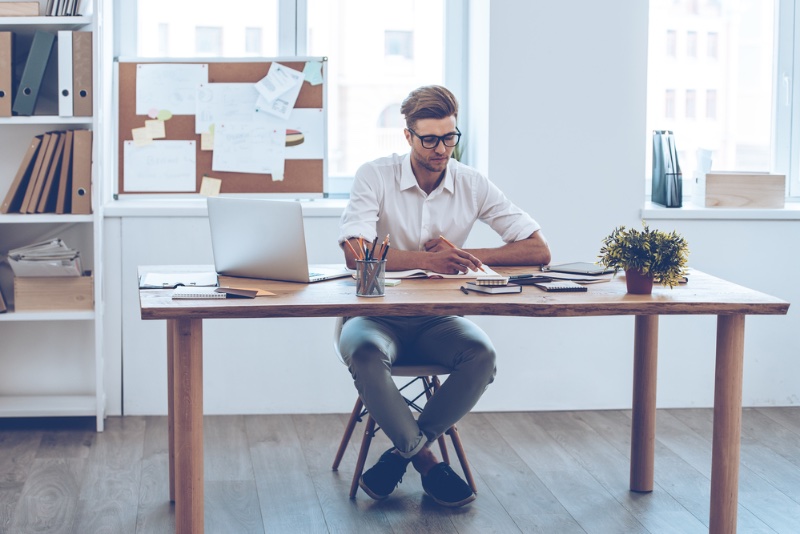 man business casual attire office white shirt glasses