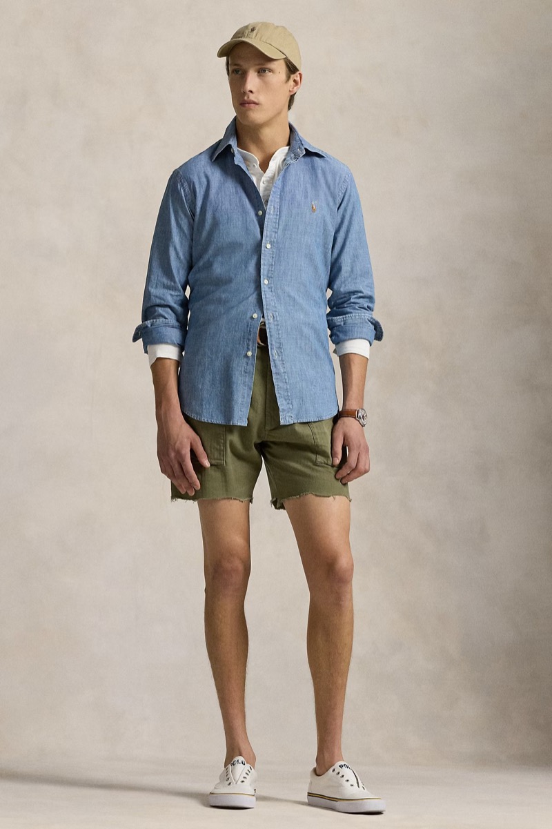 Chambray and frayed olive shorts bring coastal prep into fisherman core territory.