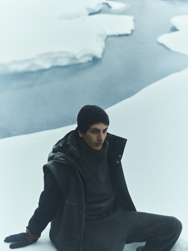 Model Takfarines Bengana embraces winter style in Loro Piana Après-ski collection. 