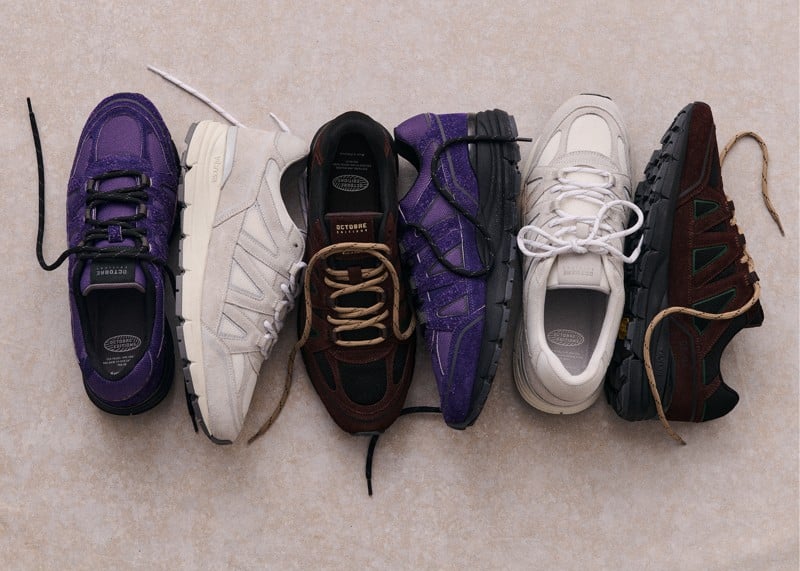 Octobre Éditions OE10 sneakers are arranged in purple, white beige, and brown black.