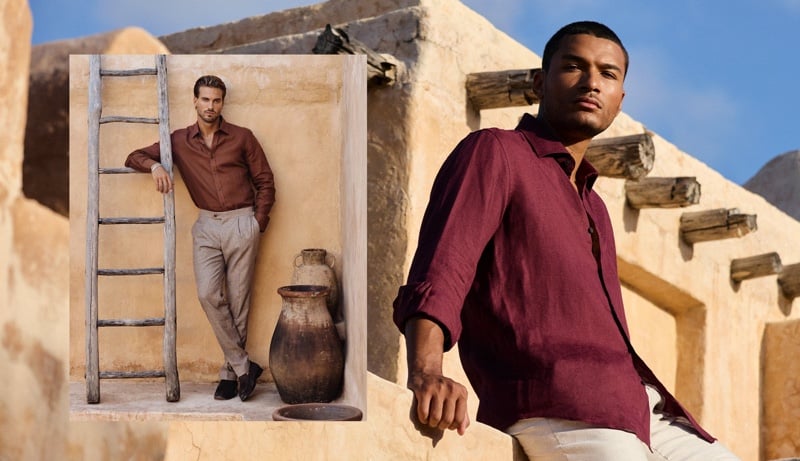 Gonçalo Campos and Paulo Lopes Lucio wear rust and burgundy shirts with light trousers in Peter Jackson Australia's Destination: Summer campaign.
