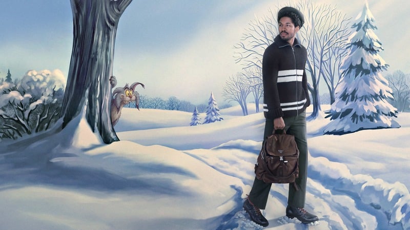 Kelvin Harrison Jr. wears dark striped knitwear and holds a brown bag in a snowy illustrated landscape for Prada's holiday 2026 campaign.