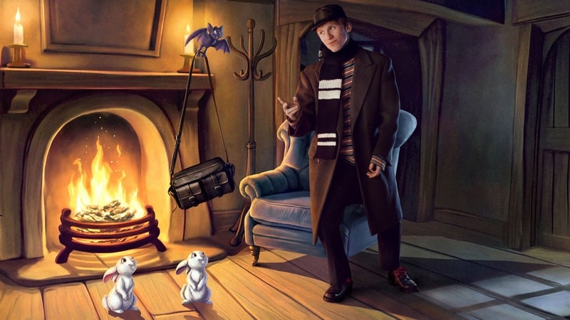 Luther Ford wears a brown coat, striped scarf, and hat beside an illustrated fireplace in Prada's holiday 2026 campaign.
