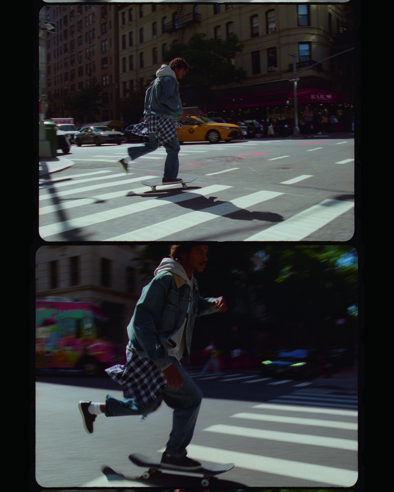 Two campaign frames show Nile Winchester skateboarding across a New York crosswalk.