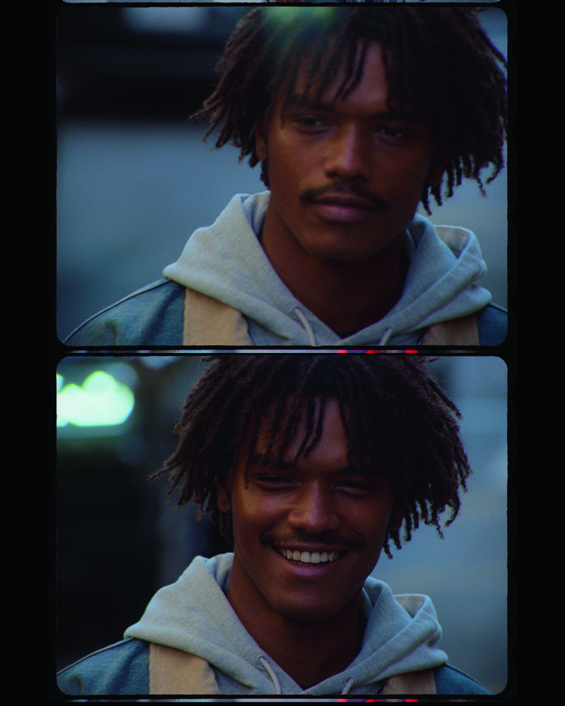 Two portraits show Nile Winchester in a gray hoodie and denim jacket.