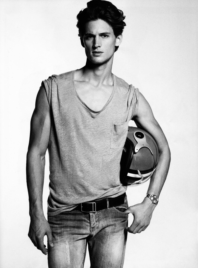 American model Garrett Neff sports jeans for L'Officiel Hommes