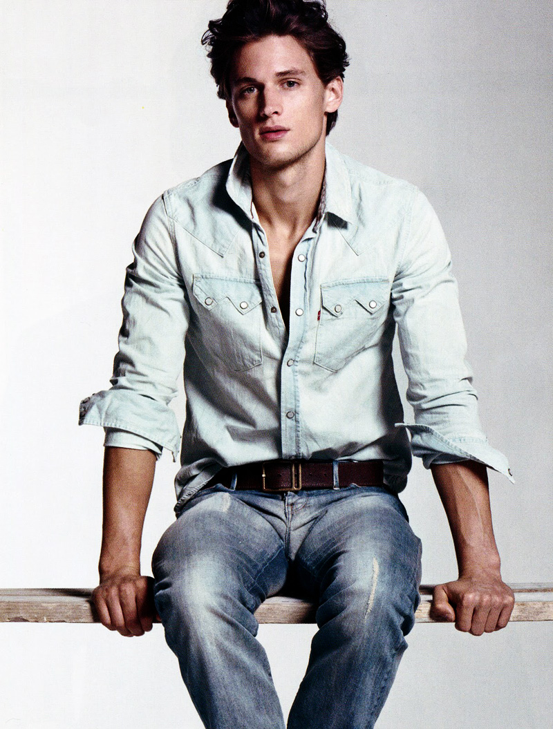 Doubling down on denim, Garrett Neff poses for L'Officiel Hommes