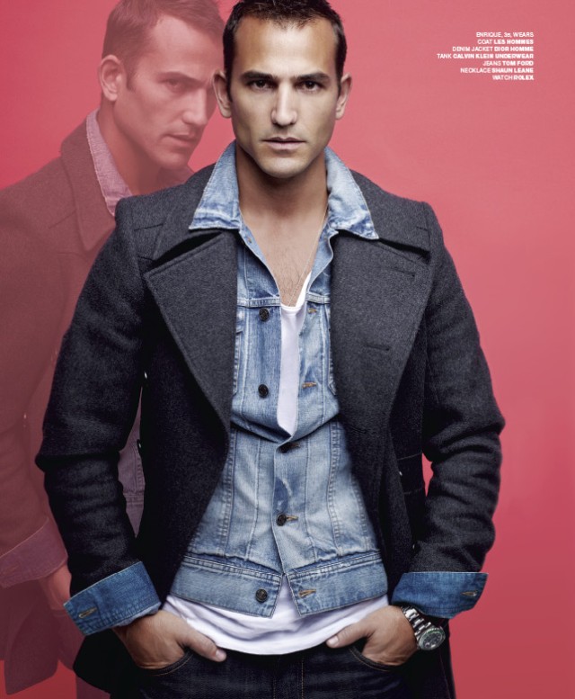 Enrique Palacios wears a Dior Homme denim jacket with Tom Ford jeans and a Les Hommes coat.