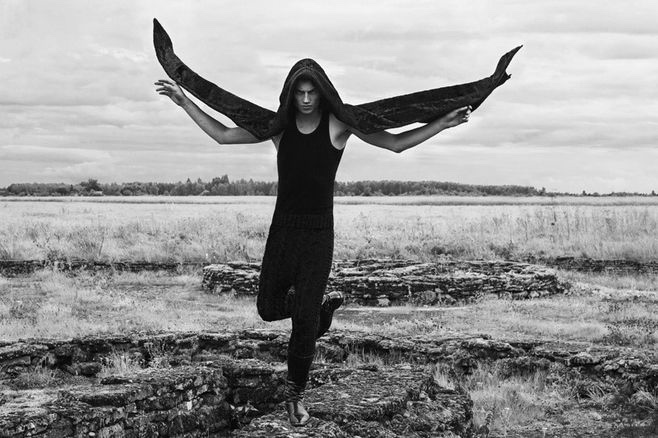 Kristjan wears knitted trousers Kristel Kuslapuu and hooded scarf Kalle HT.