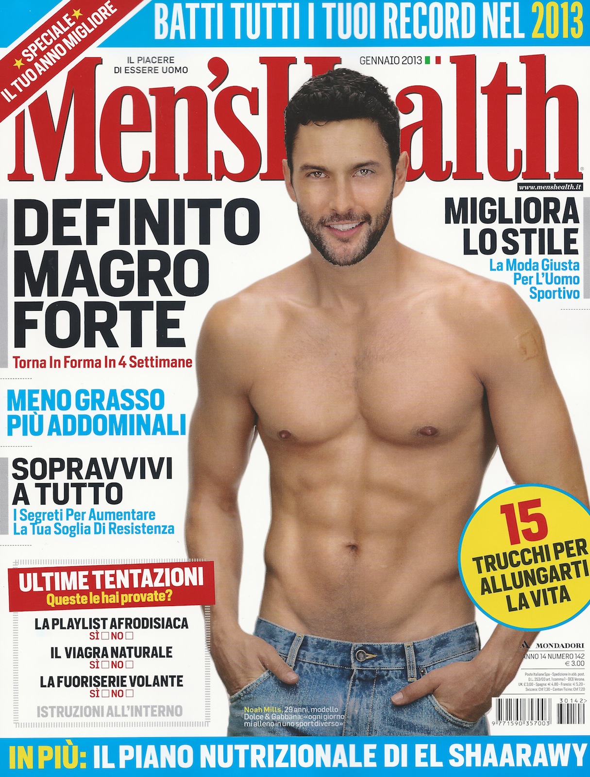A Shirtless Noah Mills Graces Men’s Health Italia’s January 2013 Cover.