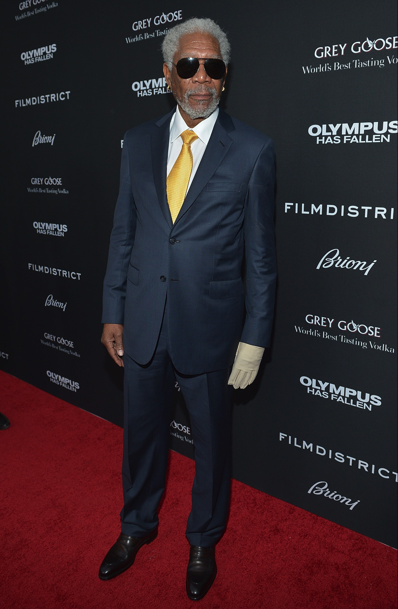 Gerard Butler & Morgan Freeman Don Brioni for 'Olympus has Fallen' Premiere