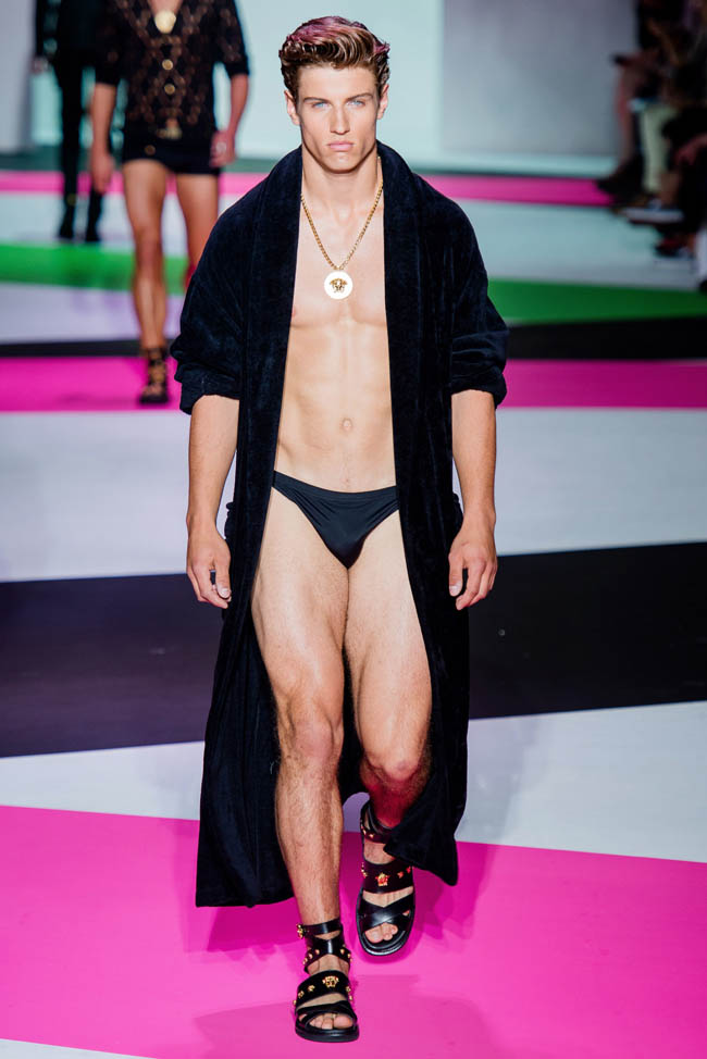 Versace Model Spring-Summer 2014 Collection Runway Robe Shirtless Underwear