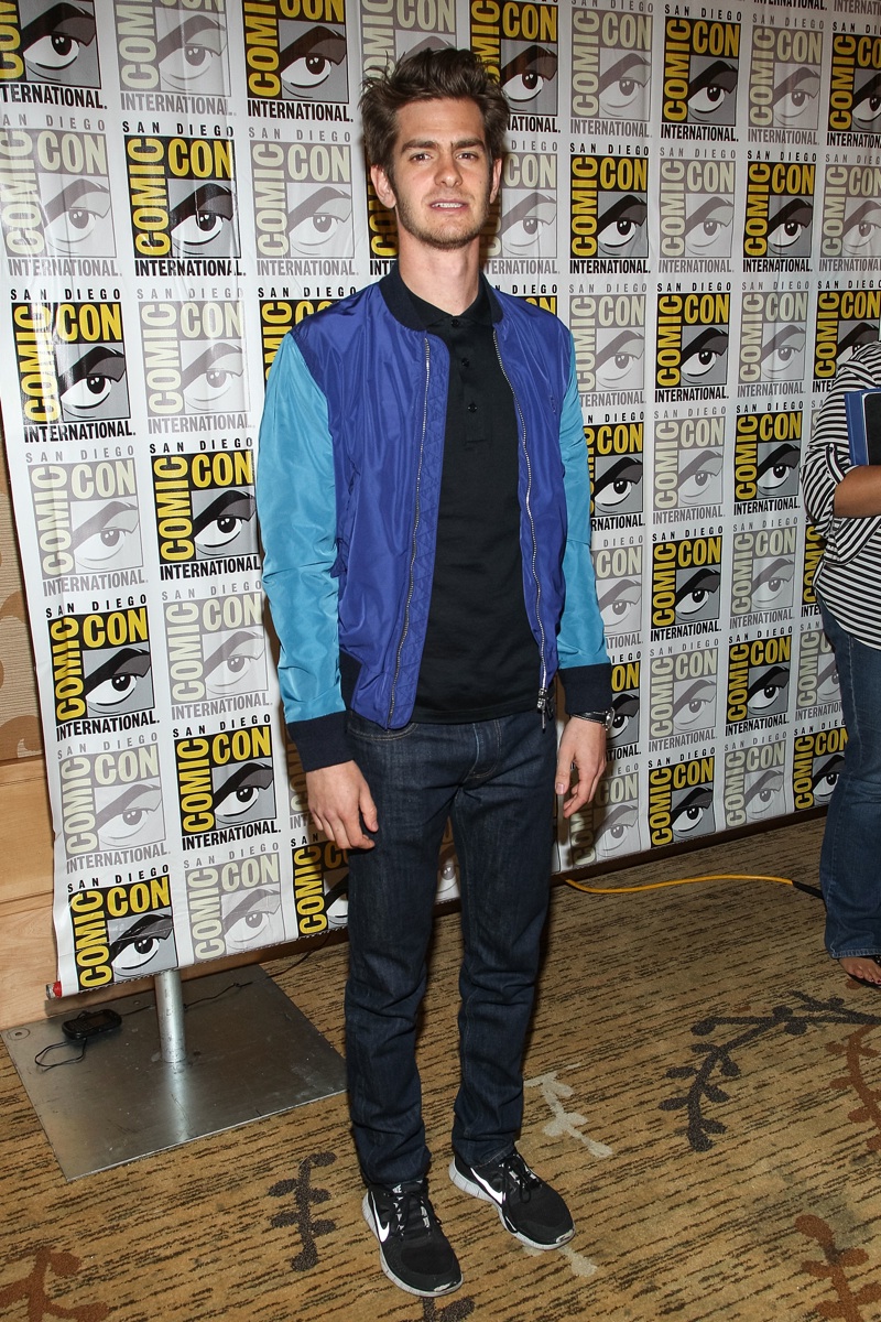 Andrew Garfield wears Burberry to Comic-Con to promote The Amazing Spider-Man 2.