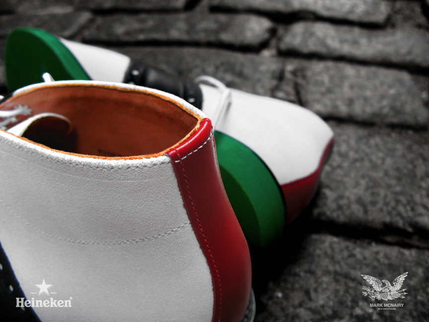 #Heineken100 Mark McNairy White Chukka Saddle Boots Red Rear Stripe