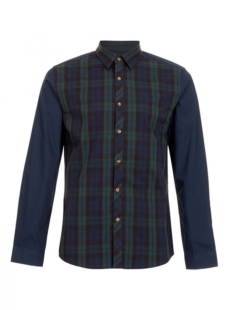 Navy Tartan Contrast Long Sleeve Smart Shirt