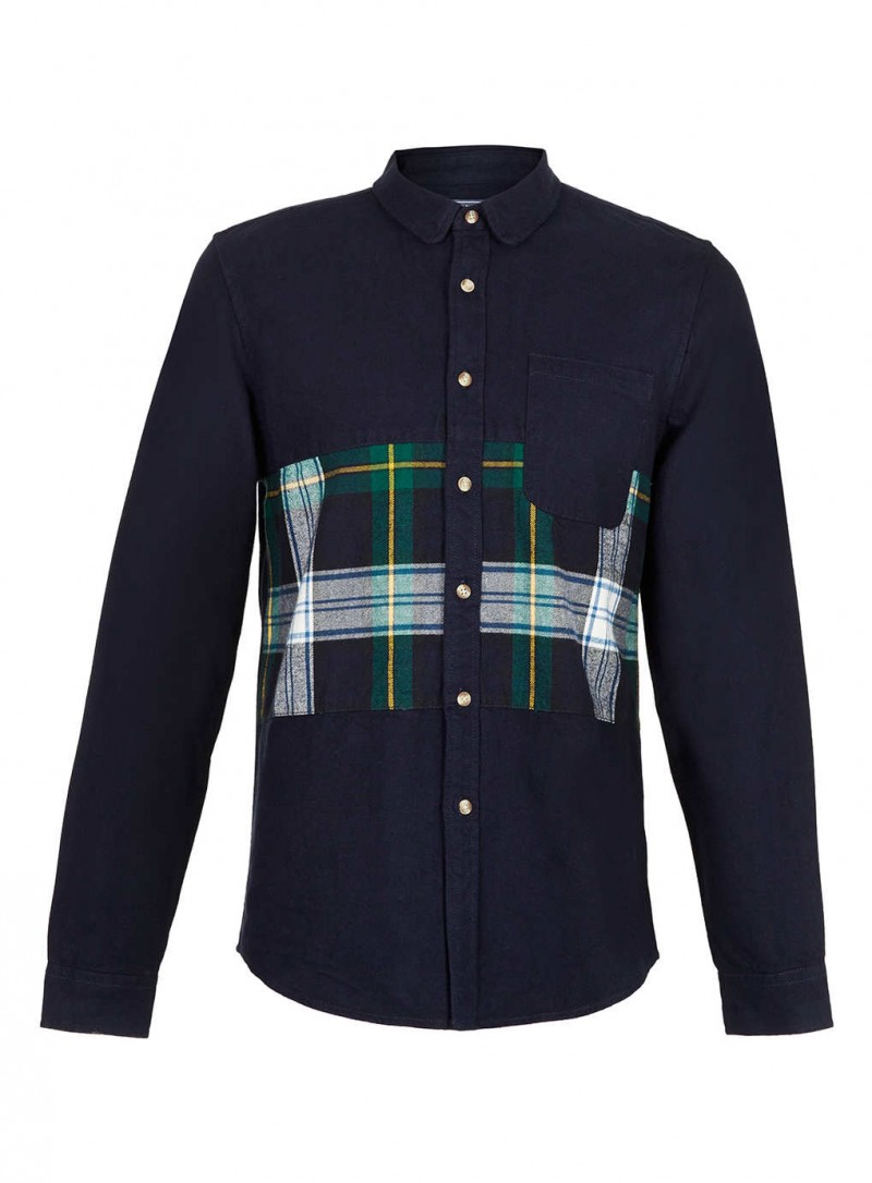 Navy Tartan Panel Long Sleeve Flannel Shirt