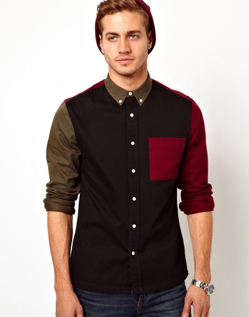 ASOS Twill Shirt in Long Sleeve with Color Block