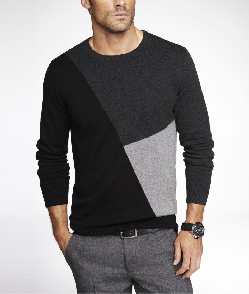 Express Color Block Intarsia Crew Neck Sweater