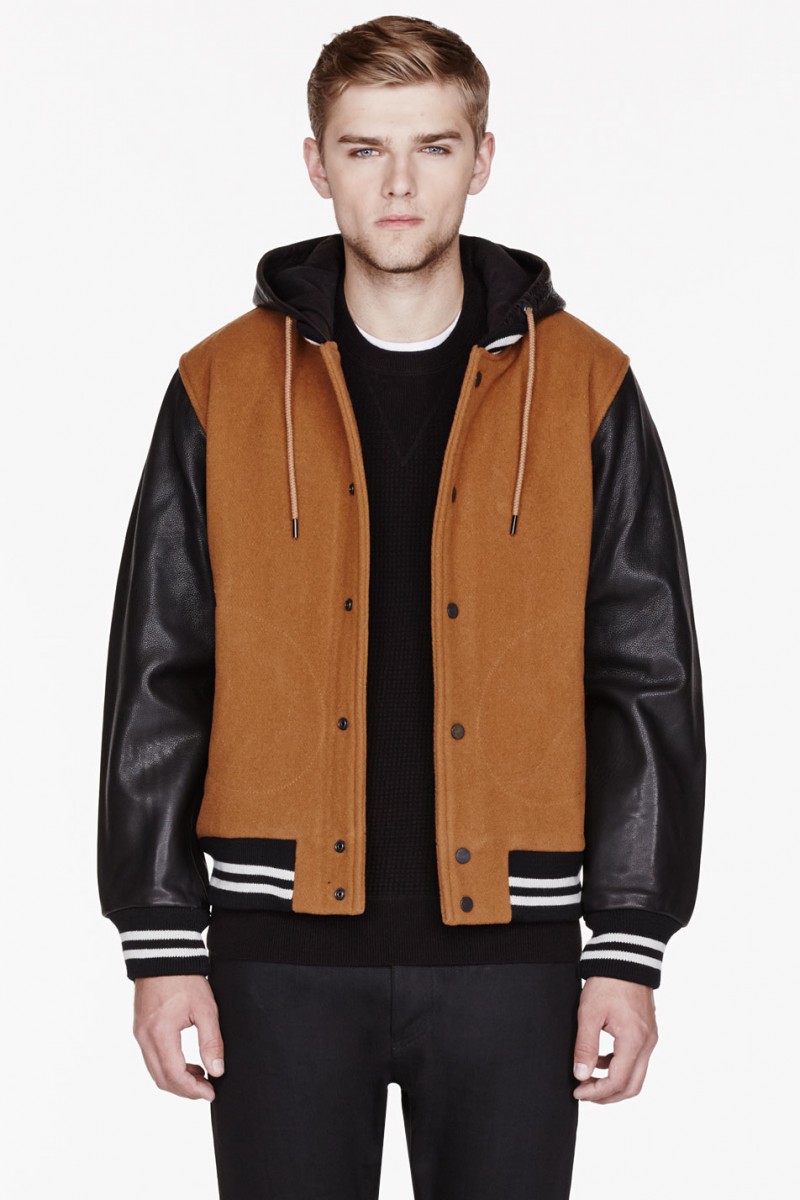 Marc by Marc Jacobs TAN WOOL & LEATHER HOODED VARSITY JACKET