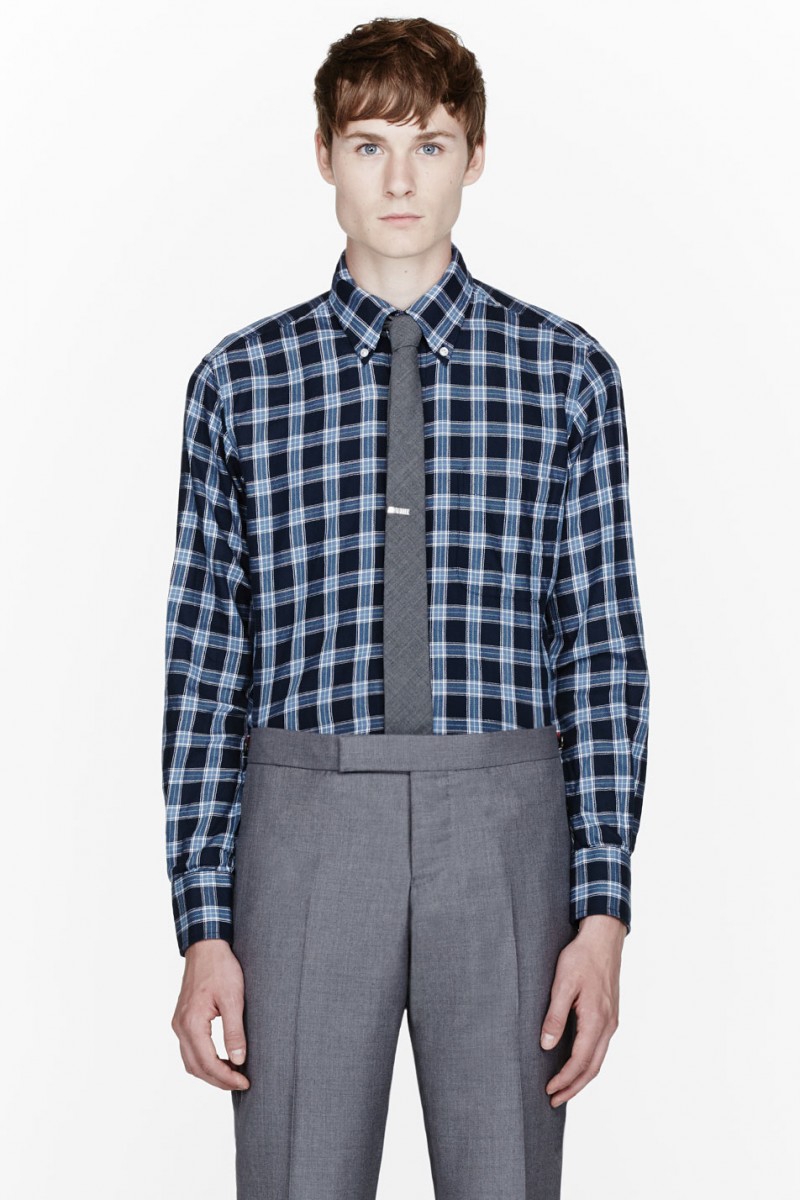 Thom Browne Navy Blue airforce flannel check shirt