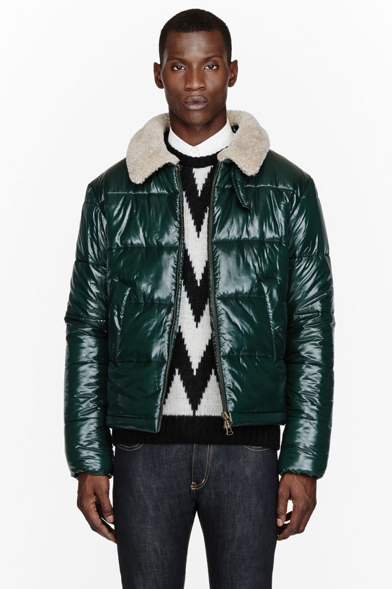 Ami Green Shearling-Collared Puffer Jacket