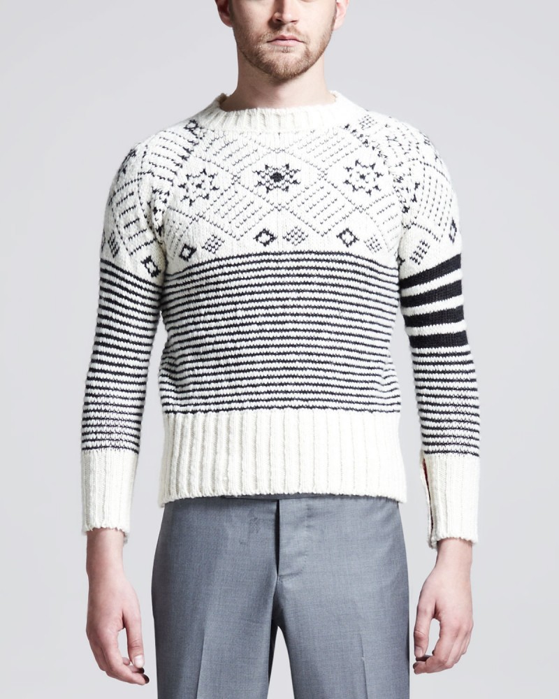 Thom Browne Fair Isle Striped Crew Neck Sweater, Dark Gray/White