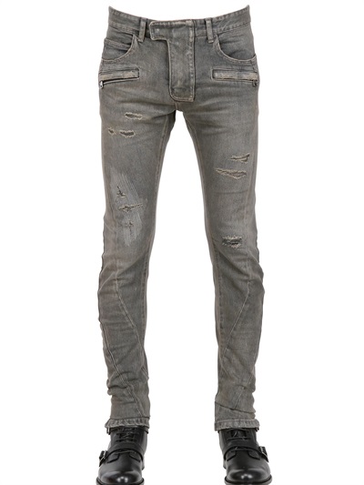 Balmain 18CM WAXED DENIM TWISTED LEG BIKER JEANS