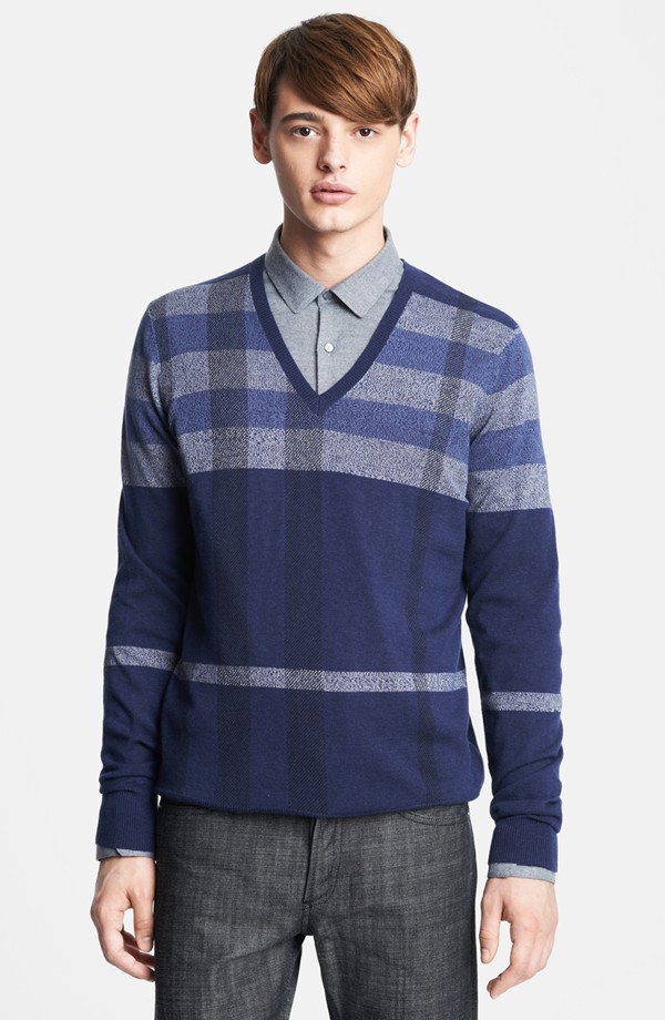 Burberry London Plaid Wool Blend V-Neck Sweater