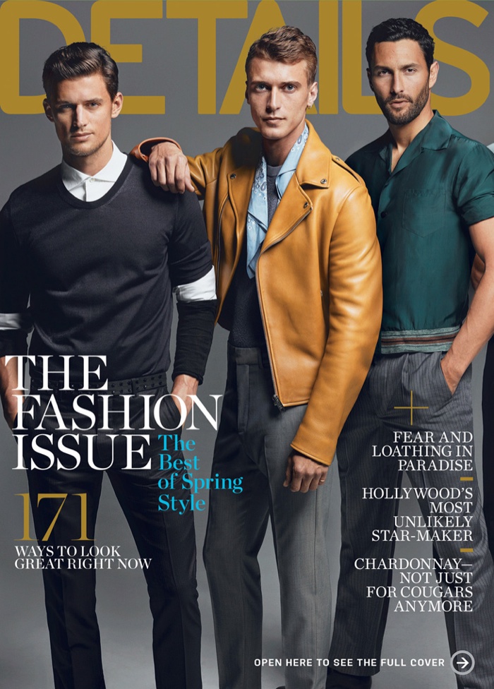Models Garrett Neff, Clément Chabernaud, and Noah Mills cover Details magazine.