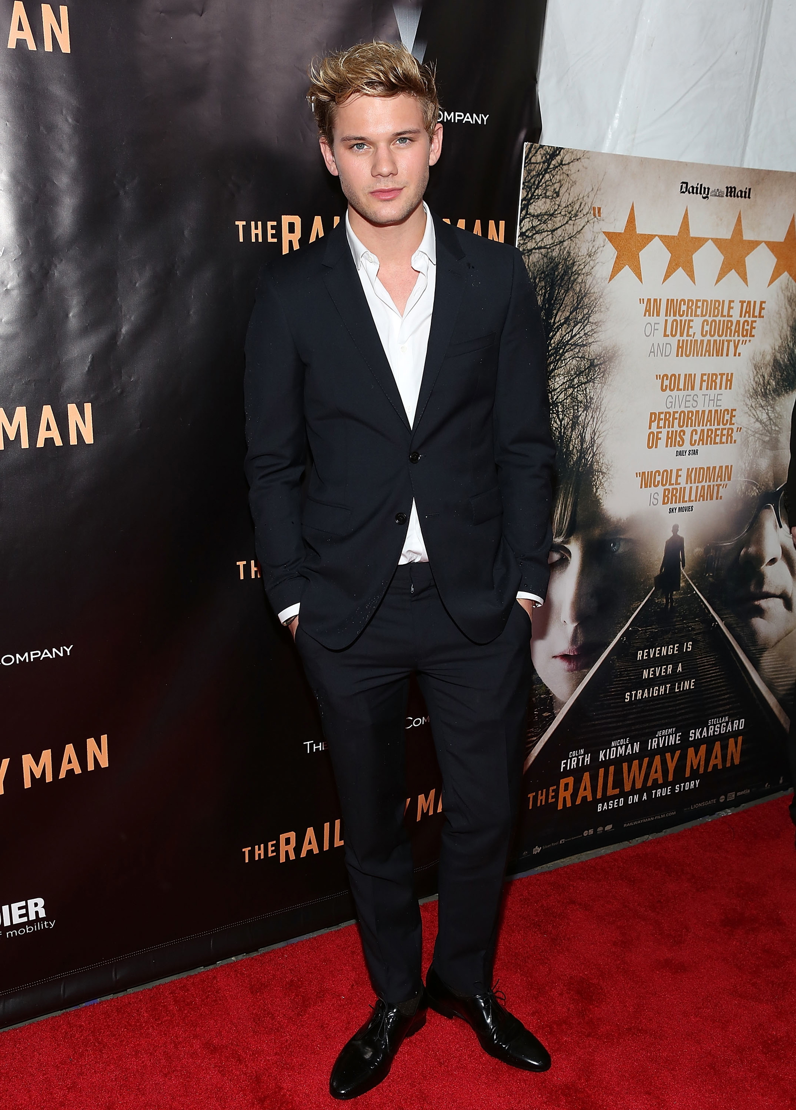 Jeremy Irvine wearing Burberry at the premiere of The Railway Man in New York 7 April 2014