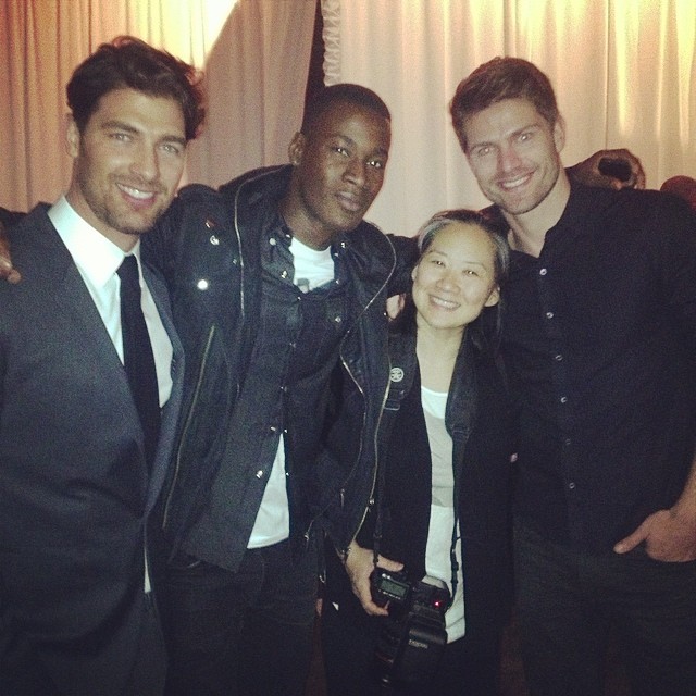 Cory Bond, David Agbodji and Michael Camiloto pose with Betty Sze of Models.com at Jeffrey Cares event.