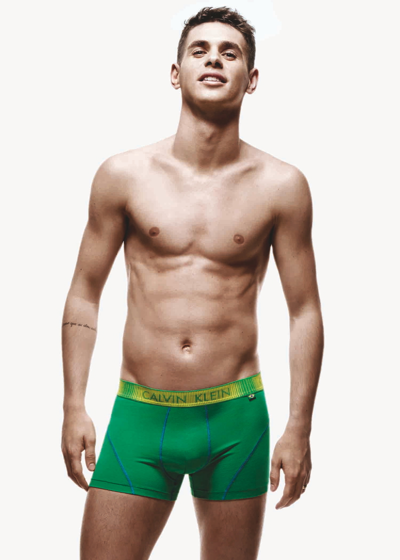 Brazilian soccer player Oscar Emboaba fronts a special Calvin Klein Underwear campaign in 2014, targeted at the Brazilian market. Oscar showed off a design featuring the national flag's colors of green, yellow and blue. » Famous Calvin Klein Underwear Models Through the Years Brazilian soccer player Oscar Emboaba fronts a special Calvin Klein Underwear campaign in 2014, targeted at the Brazilian market. Oscar showed off a design featuring the national flag's colors of green, yellow and blue.