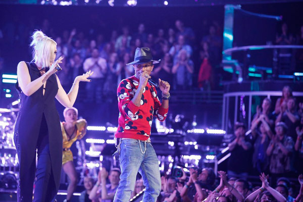 Pharrell Wears Red Mickey Mouse Sweater on The Voice