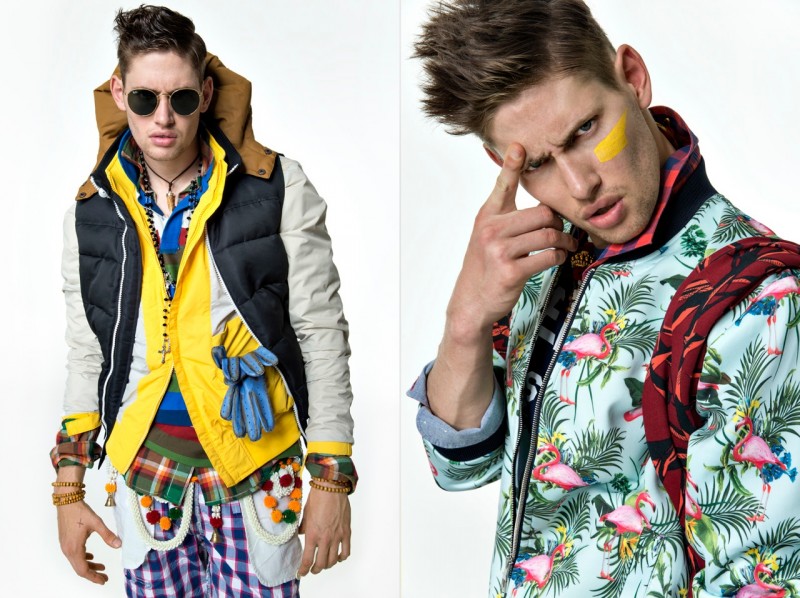 Left: Marco wears both jackets Moncler, shirt G-Star Raw, polo Marc O’Polo, pants Polo Ralph Lauren, belt India, necklaces Vatikan and Dryberg, bracelet Diesel, gloves Prada and sunglasses RayBan. Right: Marco wears top Zara, shirts Burberry and Christian Dior, t-shirt Superdry and sweater Ralph Lauren.