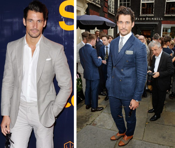Left: David Gandy, photographed at a Superdry event, is effortlessly cool in shades of gray, the perfect color palette for summer. Right: David gives his Burberry shoes another spin with a blue suit at GQ Style's party.