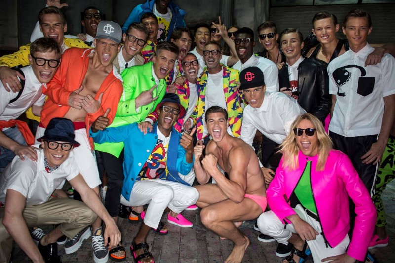 Dsquared2 designers Dan and Dean Caten pose with the models who walked their spring/summer 2015 show.