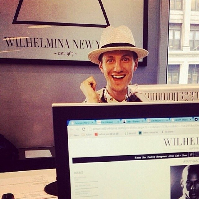 Eli Hall pops in at his New York agency Wilhelmina