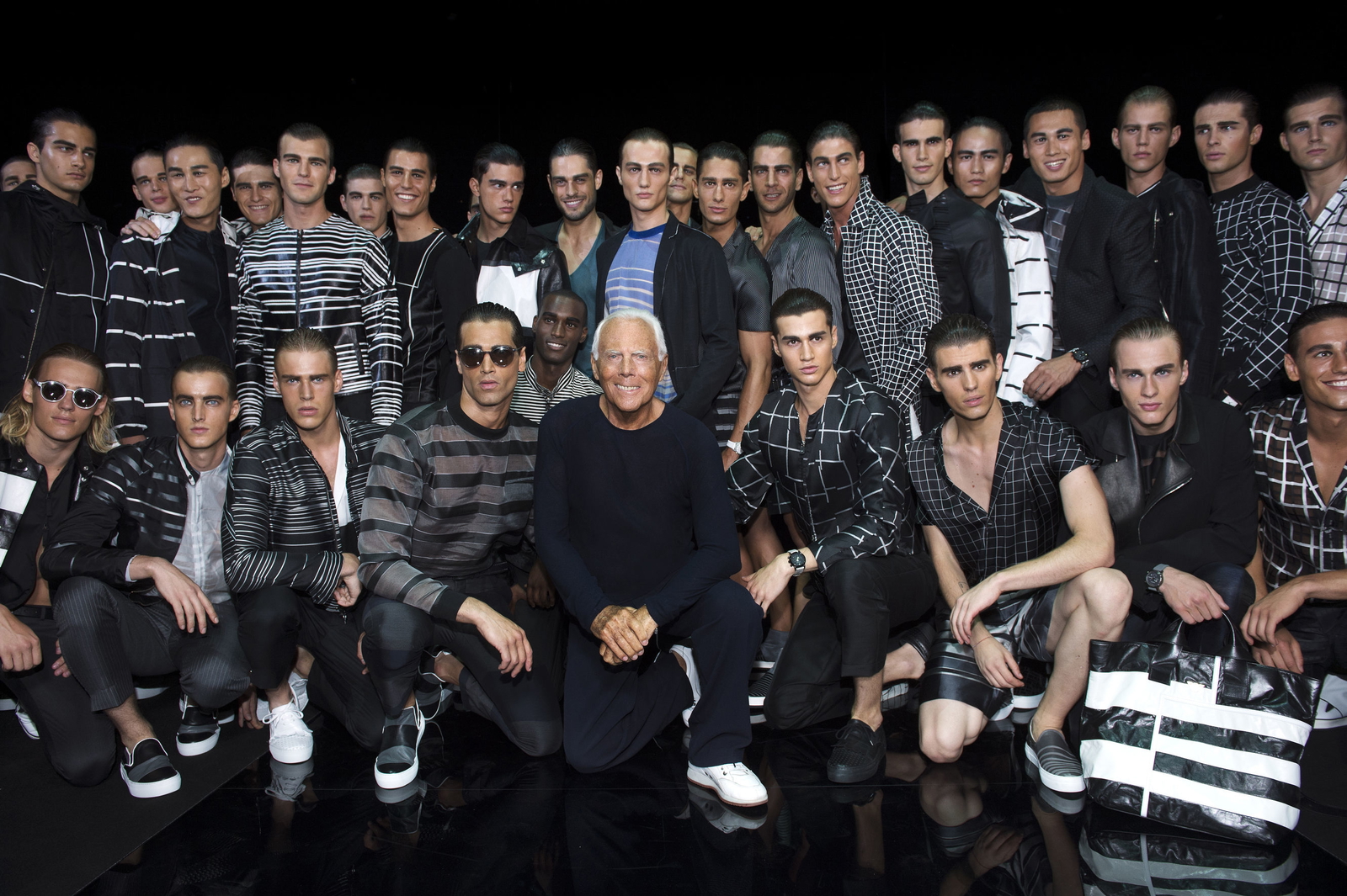 Giorgio Armani Poses with Models at Emporio Armani Spring 2015 Show