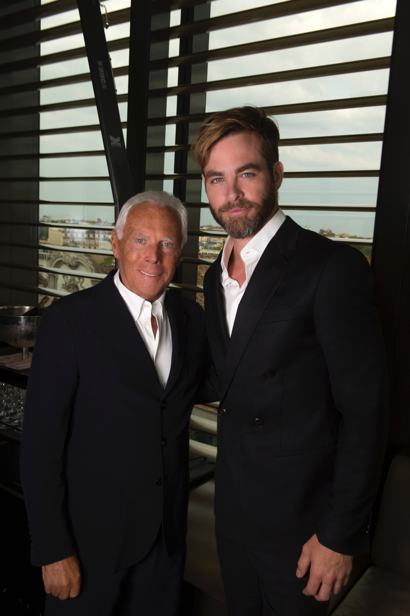 Designer Giorgio Armani and actor Chris Pine