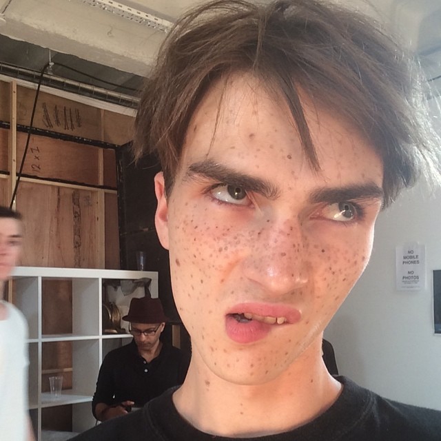 Gryphon O'Shea gets temporary freckles for London Collections: Men.