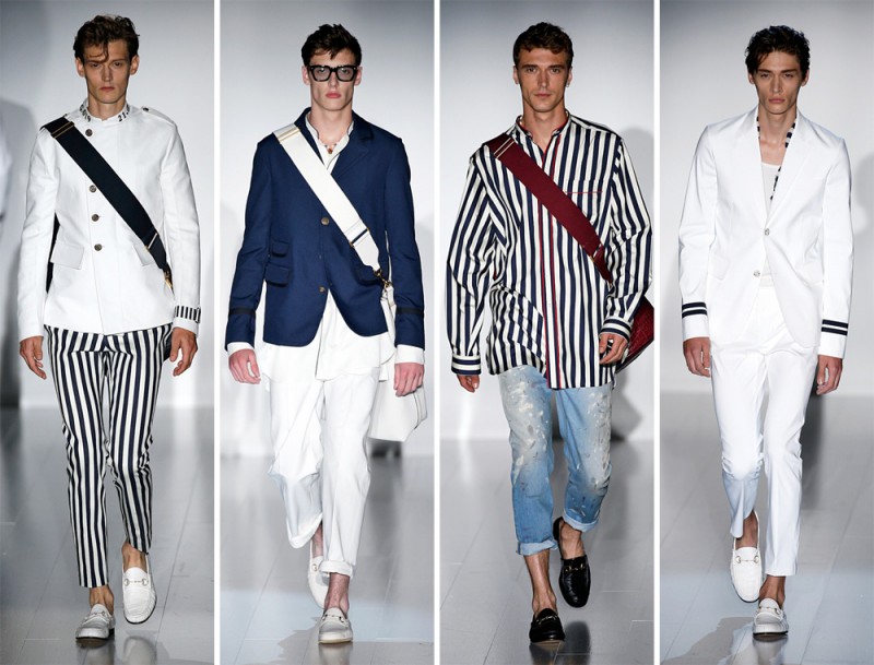 Gucci Spring/Summer 2015: Ready for a summer getaway, Gucci went nautical with navy and white painting a stripe decorated season with charm.