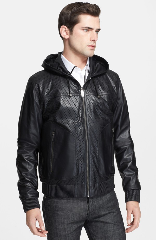 Sean O'Pry wears Versace leather hooded jacket from Nordstrom