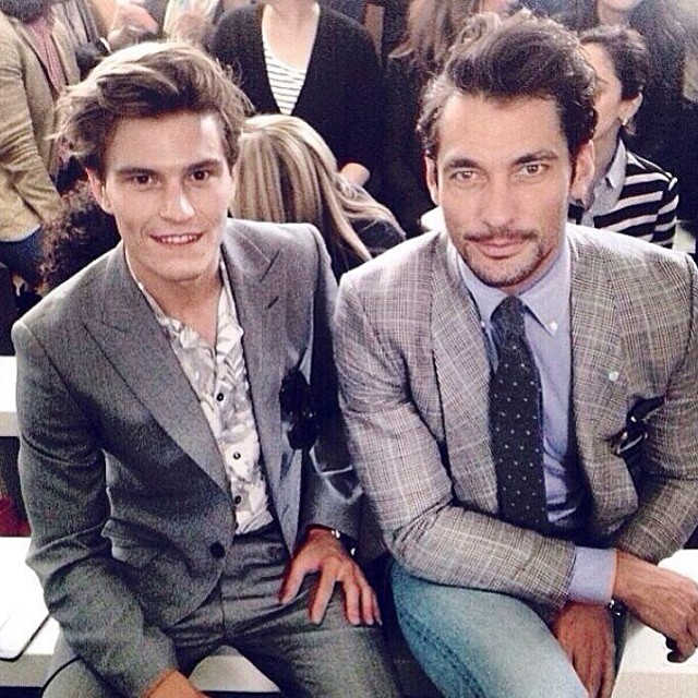 Oliver Cheshire and David Gandy pose for a photo front row at London Collections: Men.