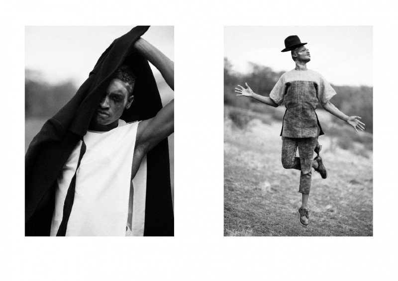 Left: Serghinio wears coat Xander Zhou, shirt Agi & Sam and trousers Craig Green. Right: Serghinio wears top and trousers Alan Taylor, shoes Soulland and hat stylist's own.