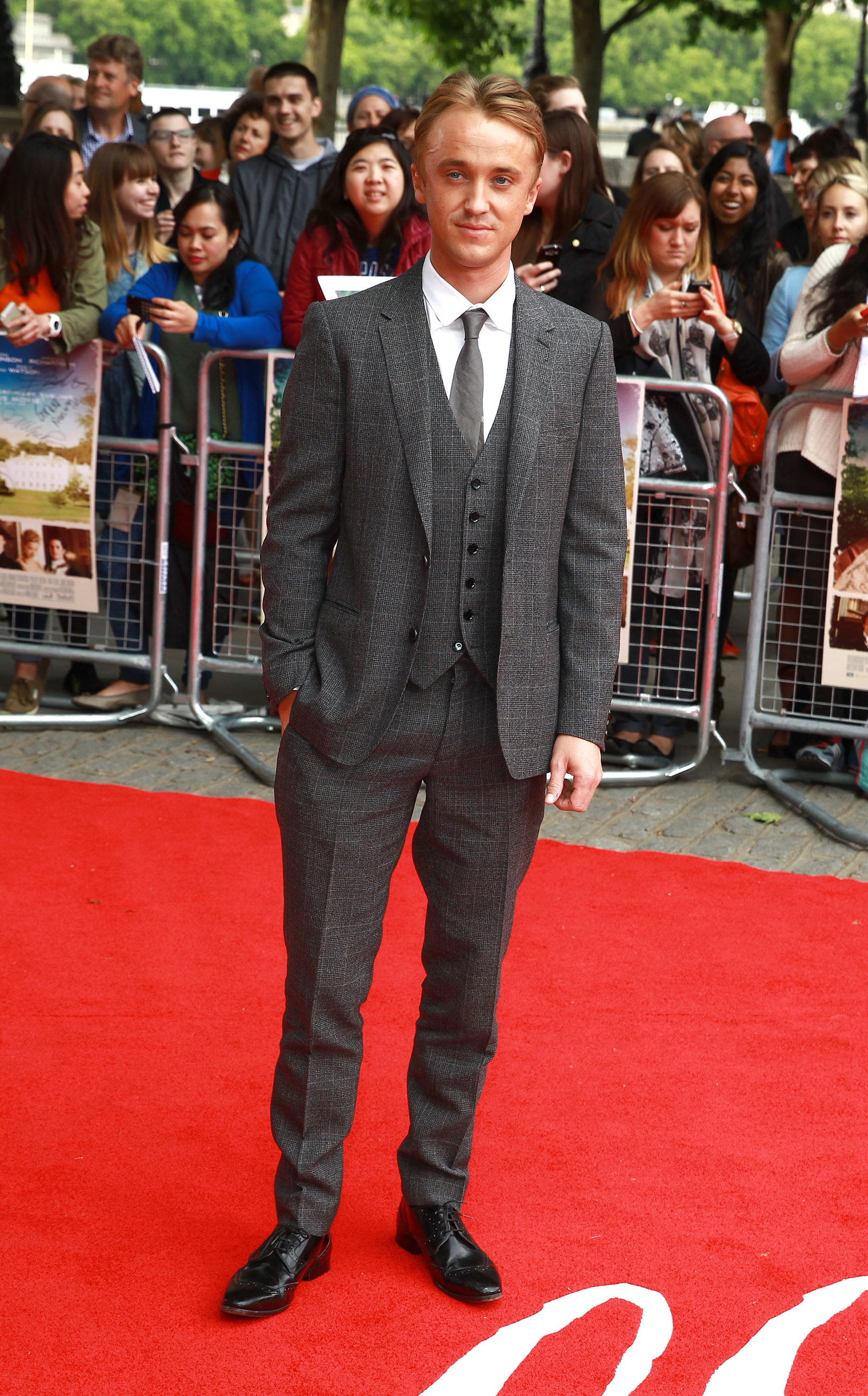 Tom Felton wearing Burberry to the UK premiere of Belle in London 5 June 2014